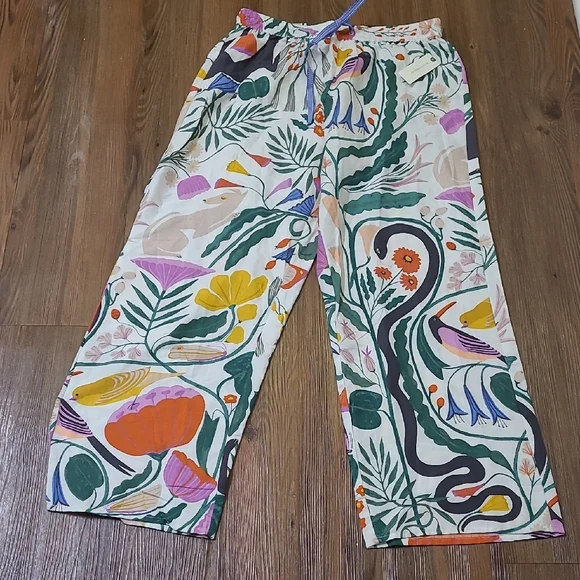 Anthropologie Cream Floral Wide-Leg Pants with Green, Blue & Mustard Print - Picture 1 of 12